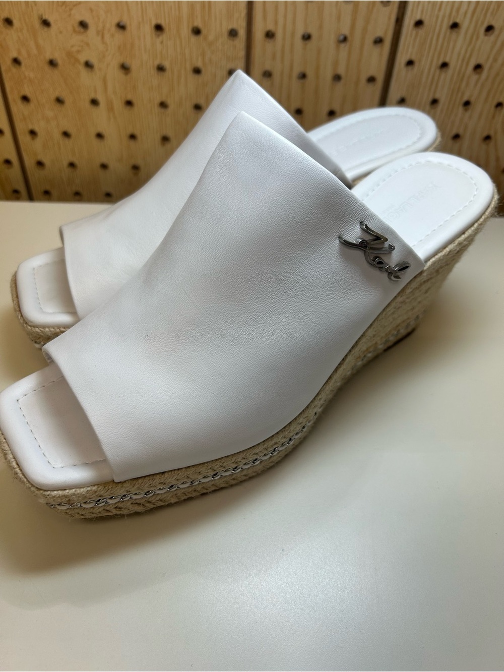 Karl Lagerfeld Clove White Leather Espadrille Wedge Sandals